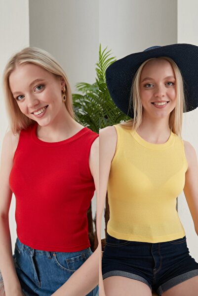 CATSPY Women's Red Yellow Halter Neck 2-Piece Crop Blouse