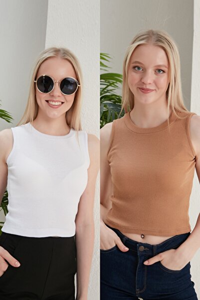 CATSPY Дамска бяла пясъчна блуза с халтер от 2 части