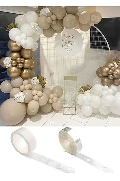Ekin Süs 10 Chrome Gold, 25 White and 25 Stone Sand Color Balloon Chain Birthday Engagement Henna Pastel Bride Set