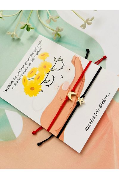 Farah Butik Moon Star Black Red Thread Set of 2 - Macrame Detailed Friend Bracelet - Women's Bracelet - Gift Bracelet