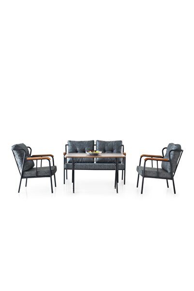 Viento Mobilya Gökçe Gri Kumaş Siyah Iskeletli Bahçe Seti Balkon Seti Çay Seti(orta Sehpa Dahildir)