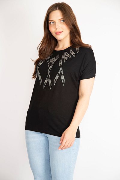 Şans Women's Black Plus Size Crew Neck Stone Detailed Low Sleeve Blouse 65n36318