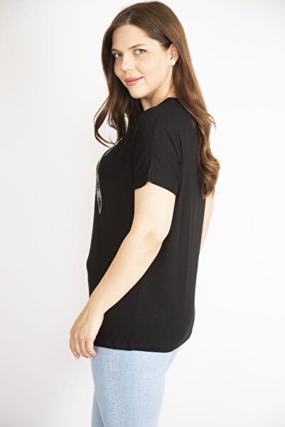 Şans Women's Black Plus Size Crew Neck Stone Detailed Low Sleeve Blouse 65n36318