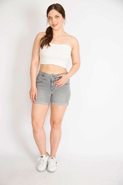 Şans Women's Gray Large Size Double Leg Lycra Denim Shorts 65n36313