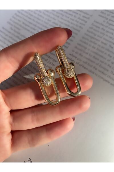 Pinery Jewels Taşlı T Altın Kaplama Küpe Çifti