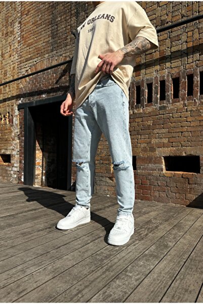 corfixman Boyfriend Ripped Detail Ice Blue Trousers