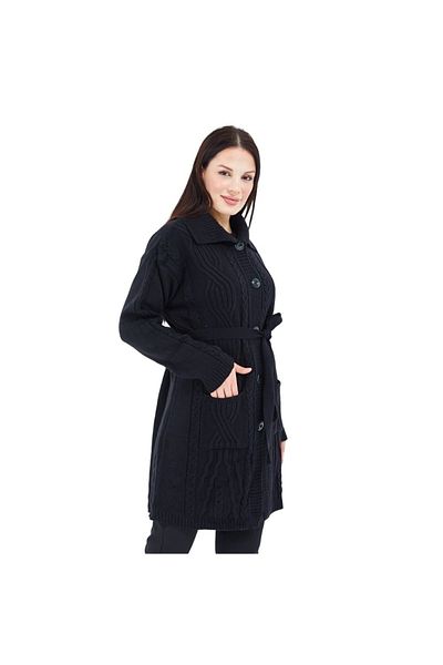 Fresh&Moda Women's Black Collar Buttoned Pocket Belted Knitted Knitwear Wool Long Cardigan