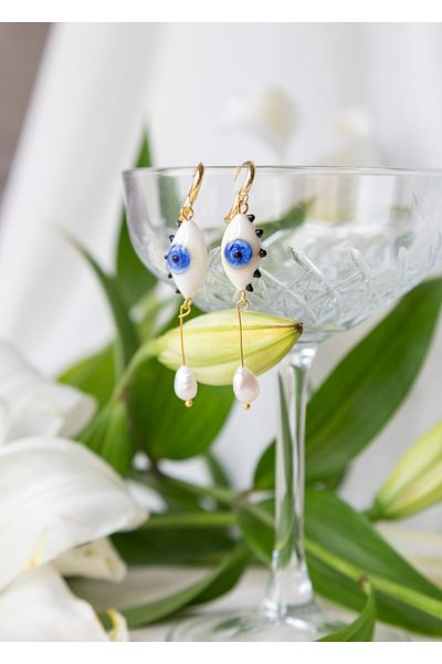 CHARMLUCKY Murano Eye Dangle Pearl Earrings