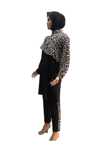 eflin Women's Clothing Leopard Patterned Cross Gathered Full Covered Hijab Swimsuit Black-cream