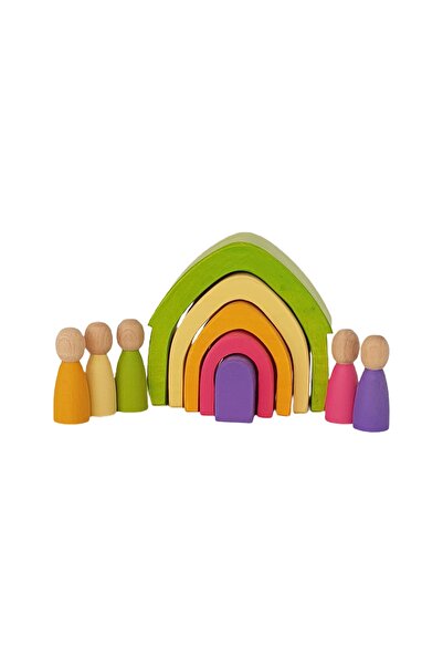 kırtkırt ahşap Waldorf Pastel Renkler 5'li Ev Ve 5'li Peg Bebek Seti Ahşap Oy...