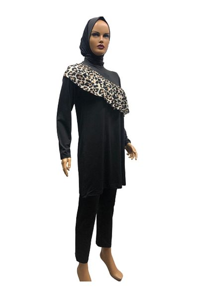 eflin Women's Clothing Black-leopard Cross Gathered Full Covered Hijab Swimsuit Large Size