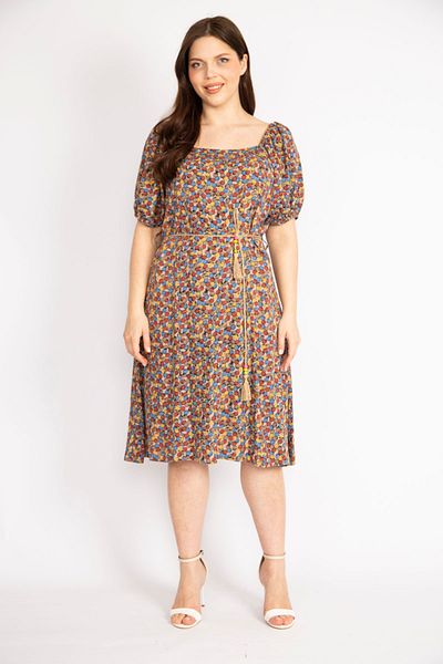 Şans Women's Blue Large Size Collar and Sleeve Rubber Detailed Woven Viscose Fabric Dress 65n36292