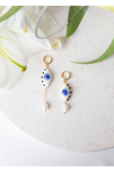 CHARMLUCKY Murano Eye Pearl Asymmetric Earrings