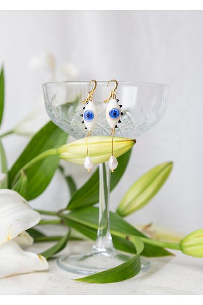 CHARMLUCKY Murano Eye Dangle Pearl Earrings