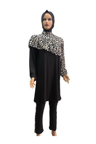 eflin Women's Clothing Leopard Patterned Cross Gathered Full Covered Hijab Swimsuit Black-cream