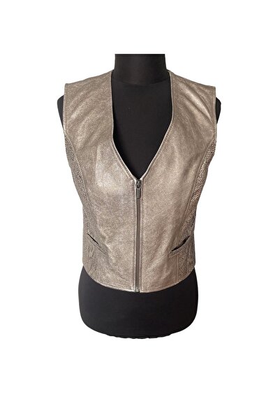 asus deri سترة نسائية من الجلد الطبيعي بتصميم خاص باللون البيج المعدني