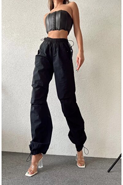NFTY Paraşüt Kumaş Yumuşak Doku Bol Kesim Jogger Pantolon Siyah