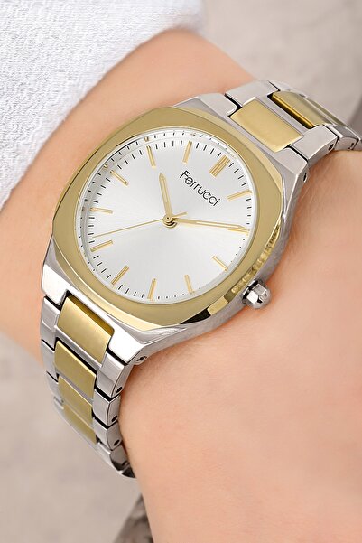 Ferrucci ساعة يد نسائية مقاومة للماء بسلك فولاذي فضي وذهبي اللون 3 ATM