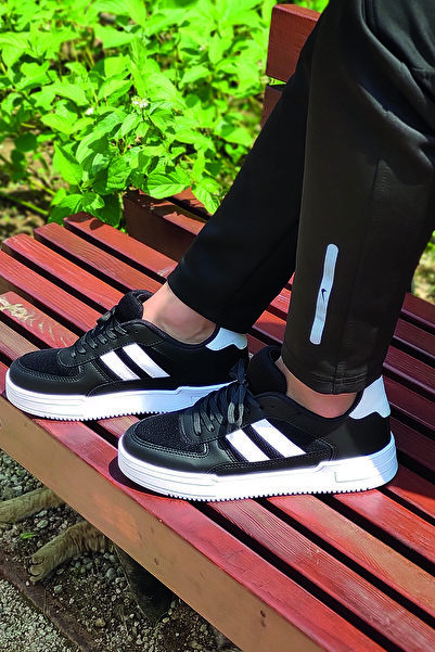 FLY STEP  Unisex Siyah Beyaz Çizgili Bağcıklı Rahat Kalıp Sneaker Casual Hava Alabilen Yürüyüş Ayakkabısı