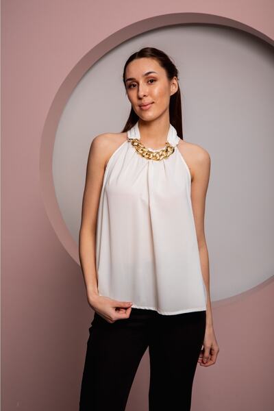 PARADICE Kadın Yakası Zincirli Bluz Beyaz