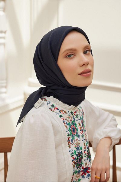 Şalland Plain Silk Viscose Scarf Series Dark Navy Blue