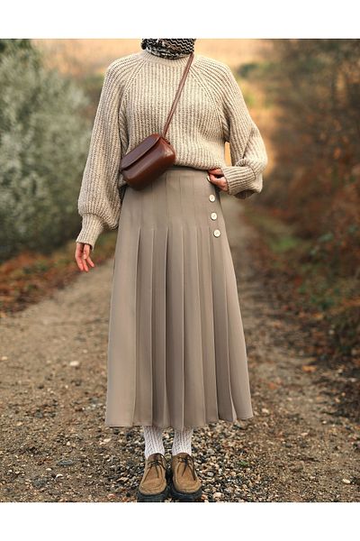 İPEKSTİL Pleated Side Buttoned Skirt - Mink