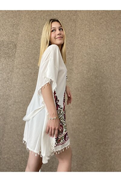 Bohemian Kadın Beli Kemerli Beyaz Plaj Elbisesi