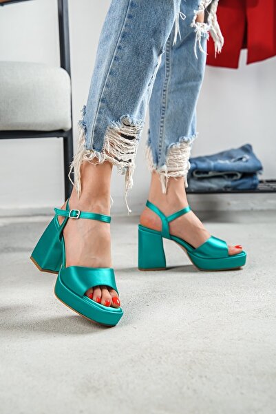 DİVOLYA Fell Green Satin Platform Heeled Casual Shoes
