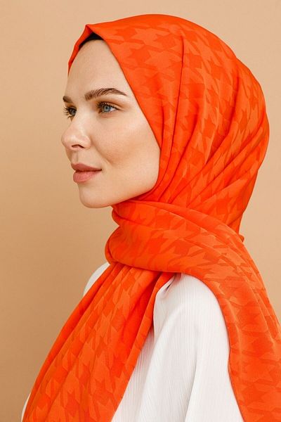 Mooncorn Orange Silky Jacquard Shawl - Houndstooth Pattern