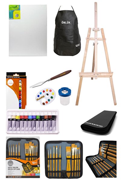 GLANCE Daler Rowney Simply Akrilik Boya 12 Renk X 12 Ml 10`lu Çantalı Fırça Profesyonel Şövale Seti