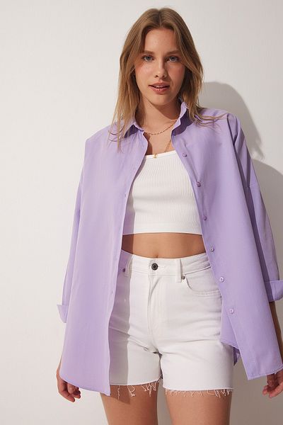 Happiness İstanbul Helllila Oversize Long Basic Shirt für Damen DD00842
