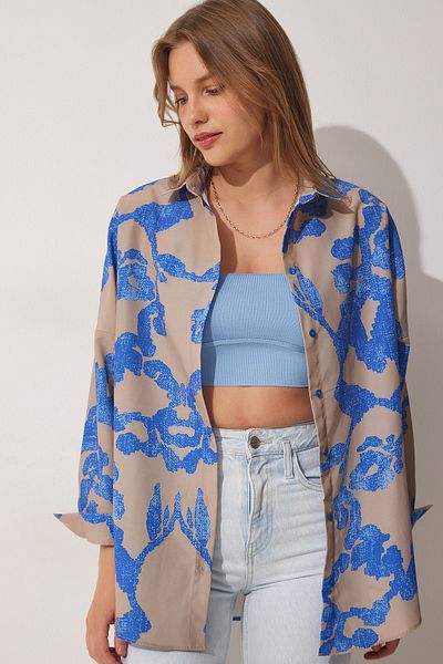 Happiness İstanbul Cămașă oversize din popelin cu model albastru bej DD01227