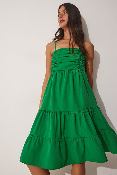 Happiness İstanbul Women's Green Strappy Flounce Summer Poplin Dress DD01226