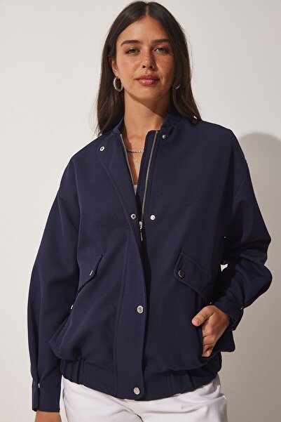 Happiness İstanbul Жіноче темно-синє пальто-бомбер з великими кишенями FN03051