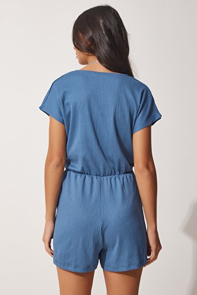 Happiness İstanbul Dámská indigově modrá pletená kombinéza s límečkem a šortkami UB00019