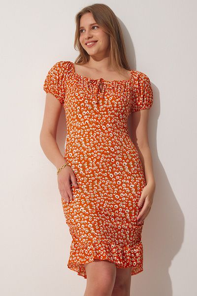 Happiness İstanbul Women's Orange Gathered Carmen Collar Knitted Dress FF00130