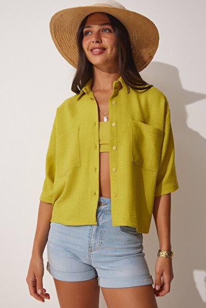 Happiness İstanbul Dámská Oil Green Pocket Ayrobin Crop Shirt MW00118