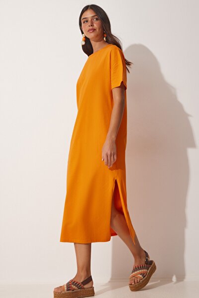 Happiness İstanbul Damska pomarańczowa, bawełniana, letnia, codzienna sukienka z czesanej bawełny UB00080