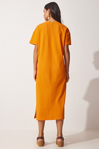 Happiness İstanbul Damska pomarańczowa, bawełniana, letnia, codzienna sukienka z czesanej bawełny UB00080