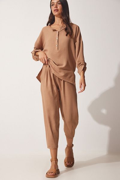 Happiness İstanbul Damen Biscuit Fließende Ayrobin Bluse Baggy Hose Anzug DP00183