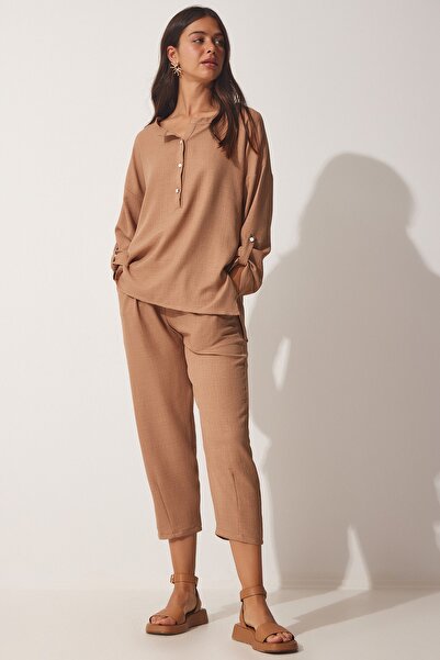 Happiness İstanbul Damen Biscuit Fließende Ayrobin Bluse Baggy Hose Anzug DP00183