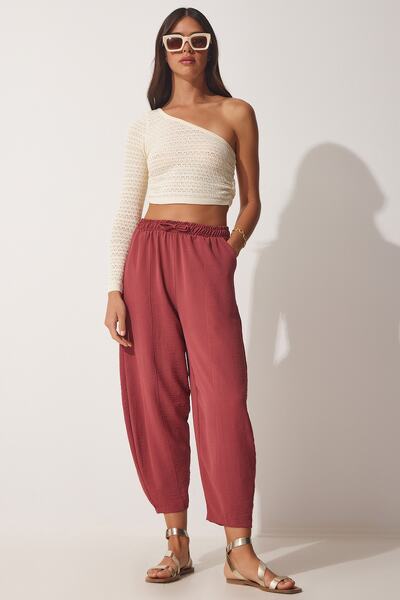 Happiness İstanbul Women's Dried Rose Linen Shalwar Trousers CI00036