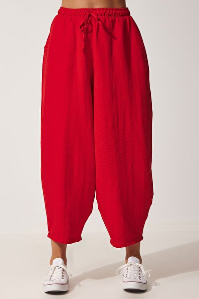 Happiness İstanbul Női piros zsebes vászon viszkóz Shalwar nadrág CV00001