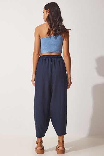 Happiness İstanbul Női sötétkék zsebes vászon viszkóz Shalwar nadrág CV00001