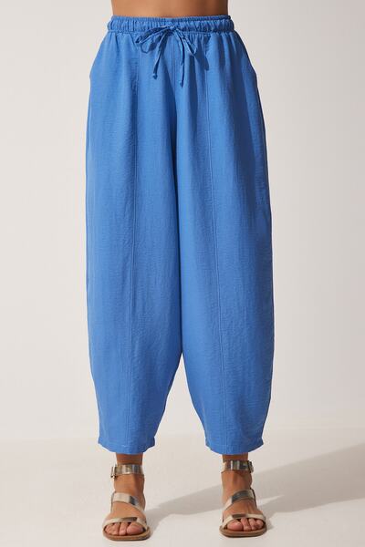 Happiness İstanbul Dámske modré vreckové ľanové viskózové nohavice Shalwar CV00001