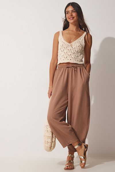 Happiness İstanbul Dunkelbiskuitfarbene Shalwar-Hose aus Leinenviskose mit Taschen für Damen CV00001