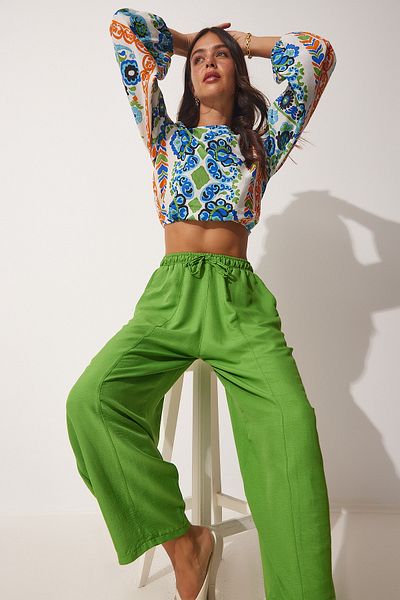 Happiness İstanbul Pantaloni Shalwar din viscoză de in, verde vibrant, cu buzunar CV00001