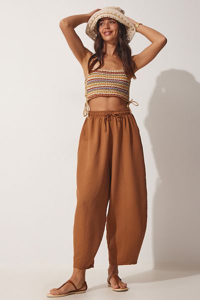 Happiness İstanbul Damen-Shalwar-Hose aus Leinen-Viskose mit Taschen in Kamelfarben CV00001