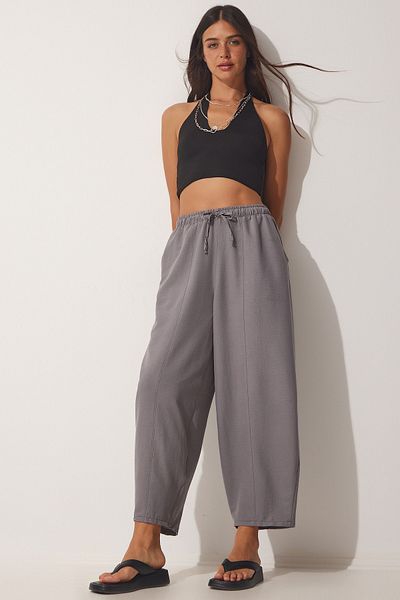 Happiness İstanbul Women's Gray Pocketed Linen Viscose Shalwar Trousers CV00001