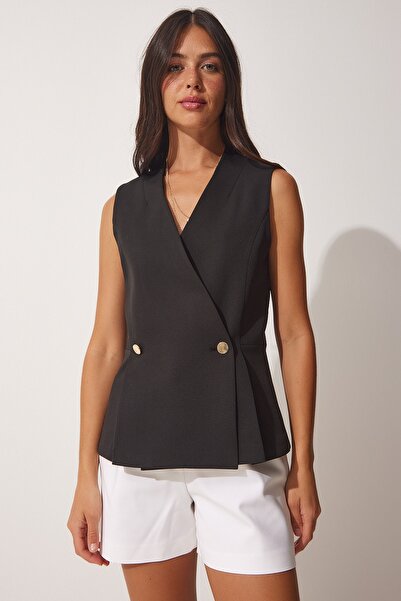 Happiness İstanbul Women's Black Double Breasted Buttoned Woven Vest WF00028